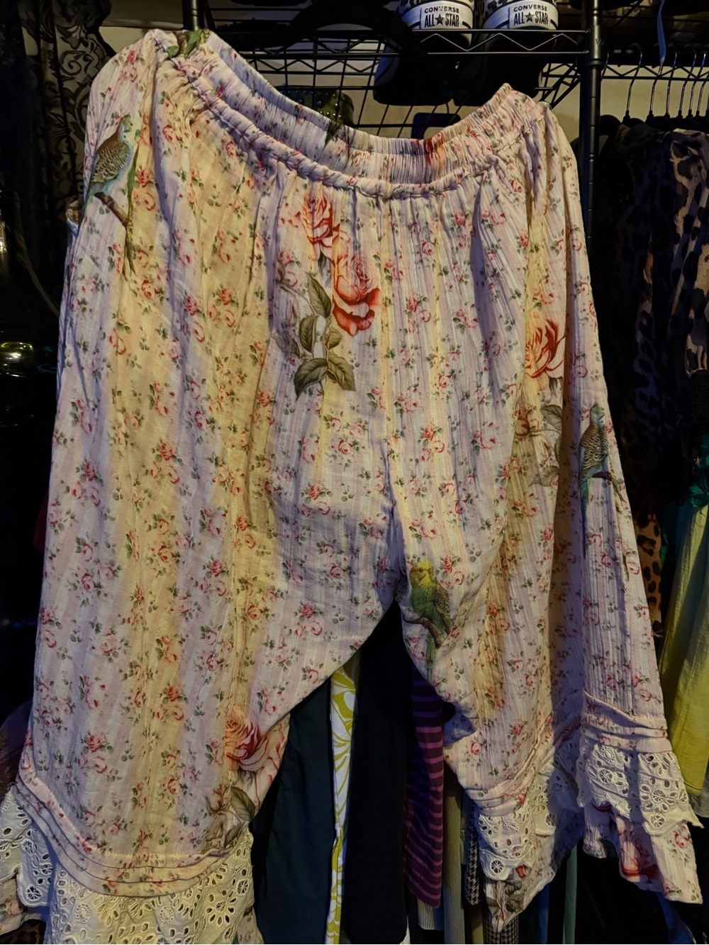Indi & Sui Floral Bird Print Ruffled Cropped Pants - Cream & Pink - Picture 2 of 3